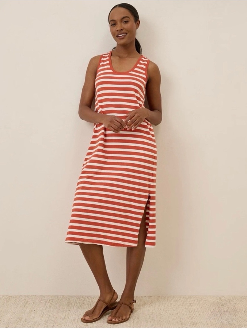 Pact Orange and White Organic Cotton Softspun Striped Tank Midi Dress Medium.